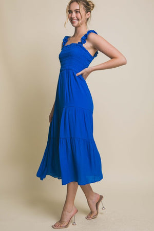 Christa Smocked Bodice Midi Dress in Apple, Cobalt, & Clay