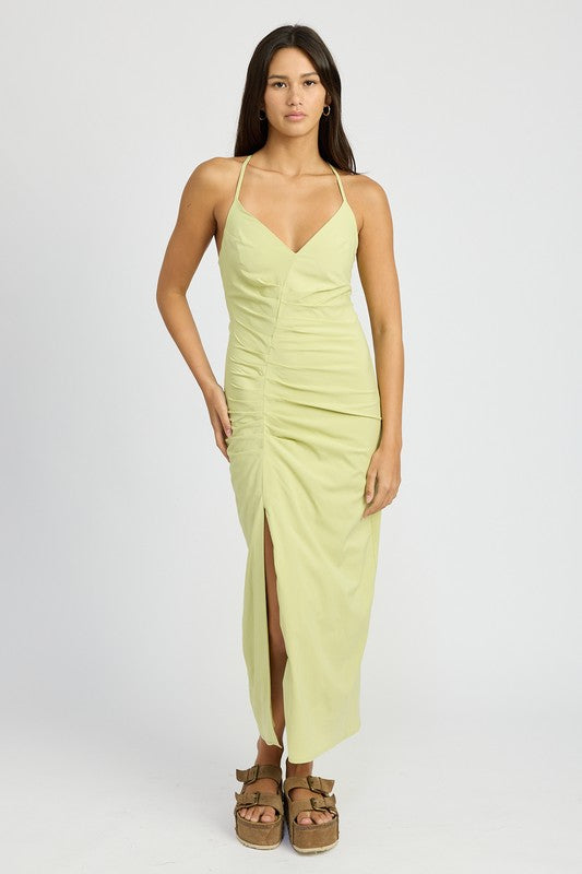 Brixley Ruched Side Slit Satin Maxi Dress in Sage & White