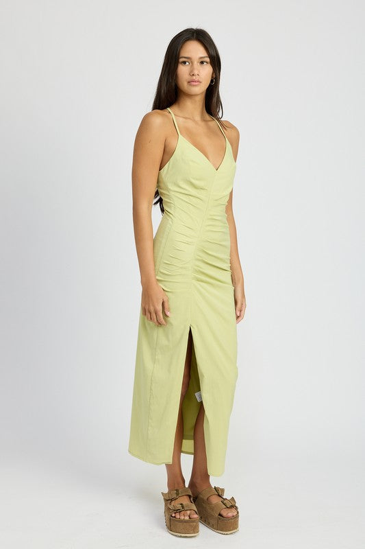 Brixley Ruched Side Slit Satin Maxi Dress in Sage & White