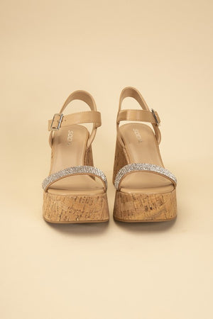 Shimmer Time Rhinestone Strap Wedge Sandals in Natural
