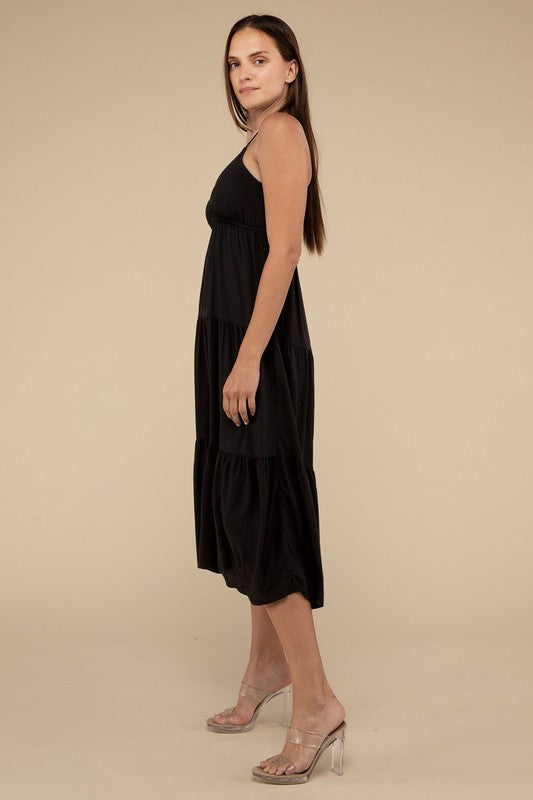 In Tiers Cami Midi Dress in Black, Light Olive, & Ash Jade