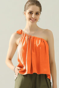 Chiara One Shoulder Bow Tie Satin Top in Orange, Blue, & Black