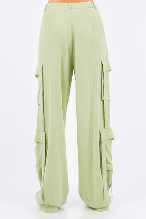 Urban Flair Linen Wide Leg Cargo Pants in Sage