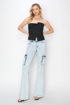 Metro Chic High Rise Cargo Flare Jeans in Acid Light