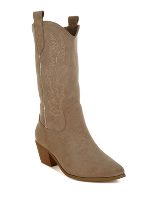 Metallic Detail Embroidery Cowboy Boots in Tan, Black, & Beige