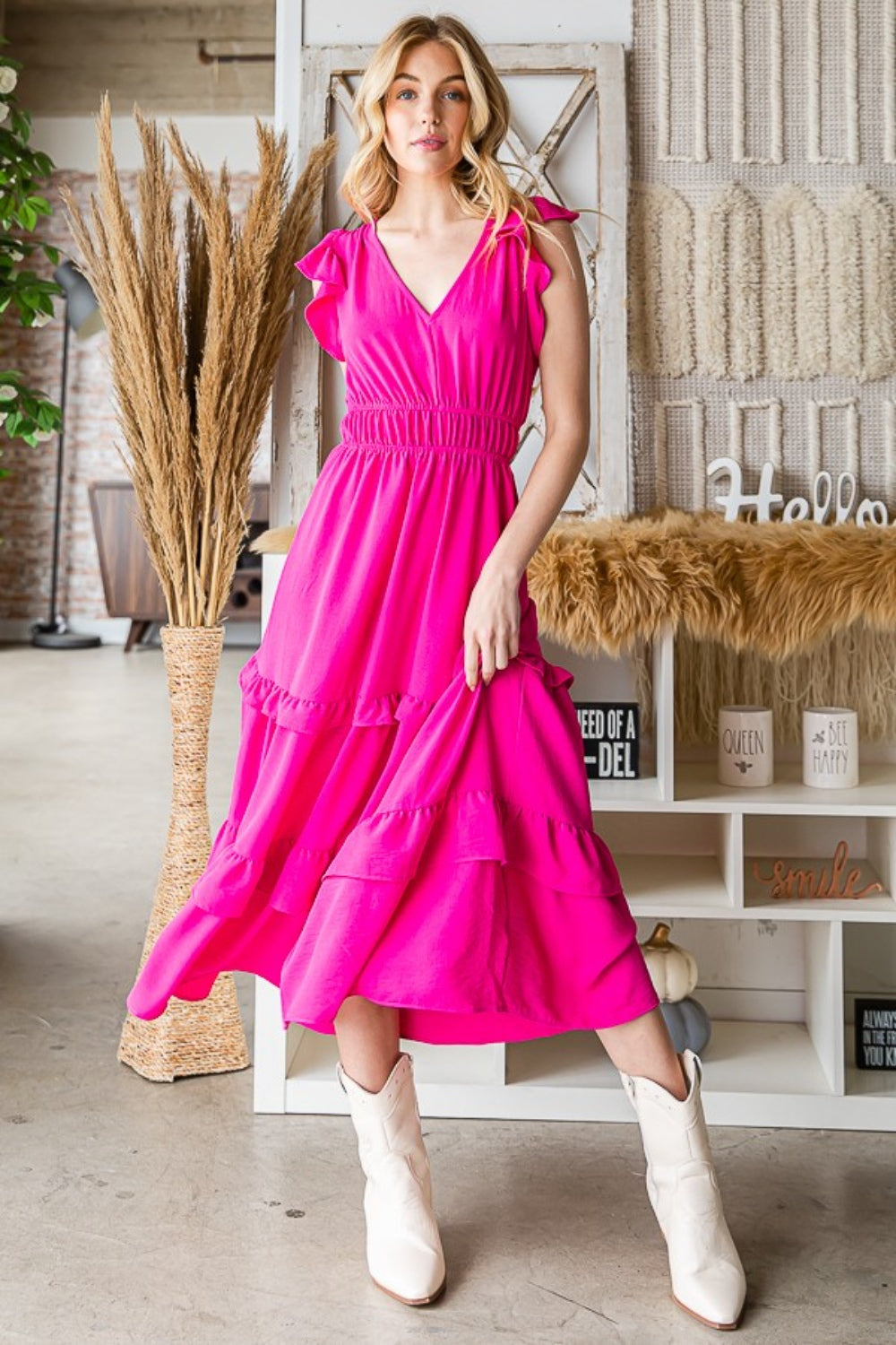 Akari Ruffle Sleeve Tiered Midi Dress in Fuchsia