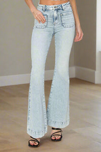 Front Patch Pocket High Rise Flare Jeans in Acid Light