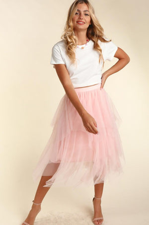 Pretty in Tulle Asymmetric Tiered Tulle Midi Skirt in Blush
