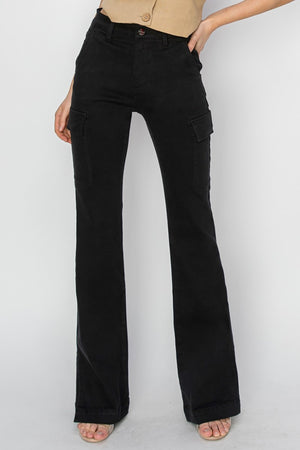 Cargo Pockets & Side Slits High Rise Bootcut Jeans in Black