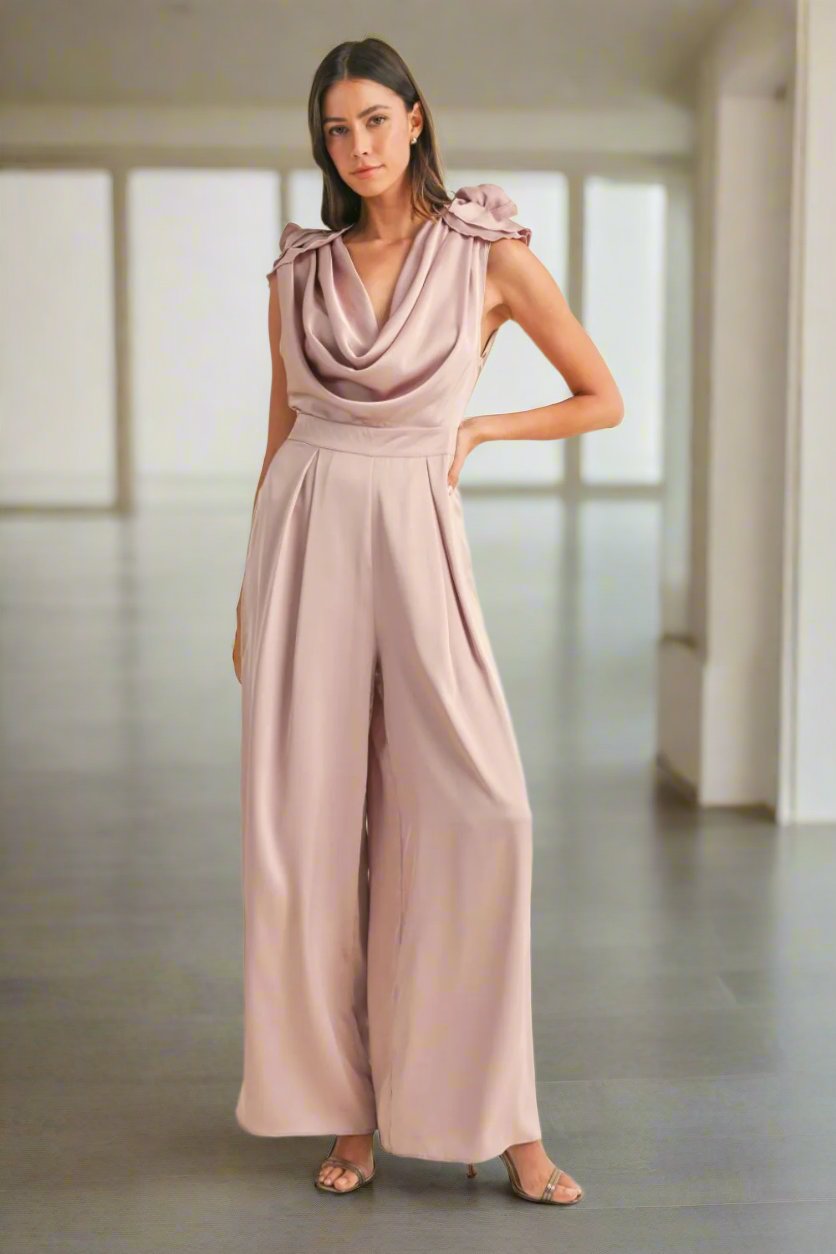 Antoinette Floral Detail Deep Cowl Neck Jumpsuit in Dusty Mauve