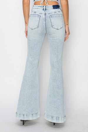 Front Patch Pocket High Rise Flare Jeans in Acid Light