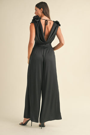 Antoinette Floral Detail Deep Cowl Neck Jumpsuit in Black