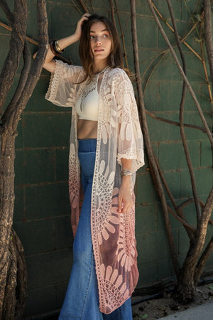 Ombre Boho Lace Long Kimono in Rose, Periwinkle, Ochre, Seafoam, & Black