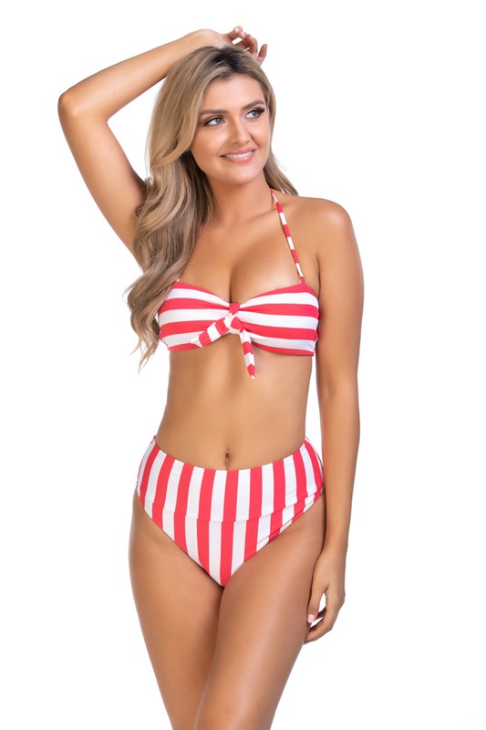 Beach Babe Striped Bandeau Bikini Set in Red & Yellow