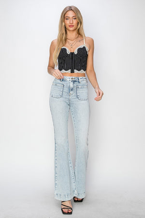 Front Patch Pocket High Rise Flare Jeans in Acid Light