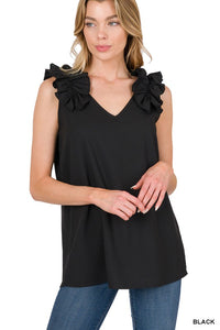 So Feminine Sleeveless Ruffle Trim Top in Black, Deep Coral, Bright Blue & Sand Beige