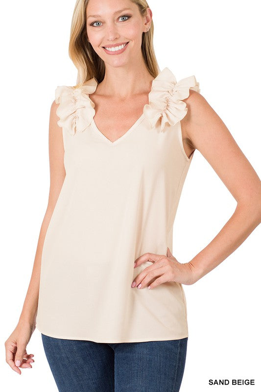 So Feminine Sleeveless Ruffle Trim Top in Black, Deep Coral, Bright Blue & Sand Beige