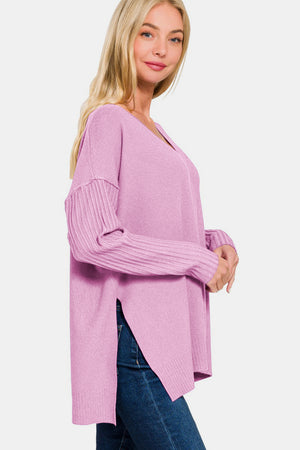 Casual Luxe V-Neck Side Slit Sweater in H. Mauve