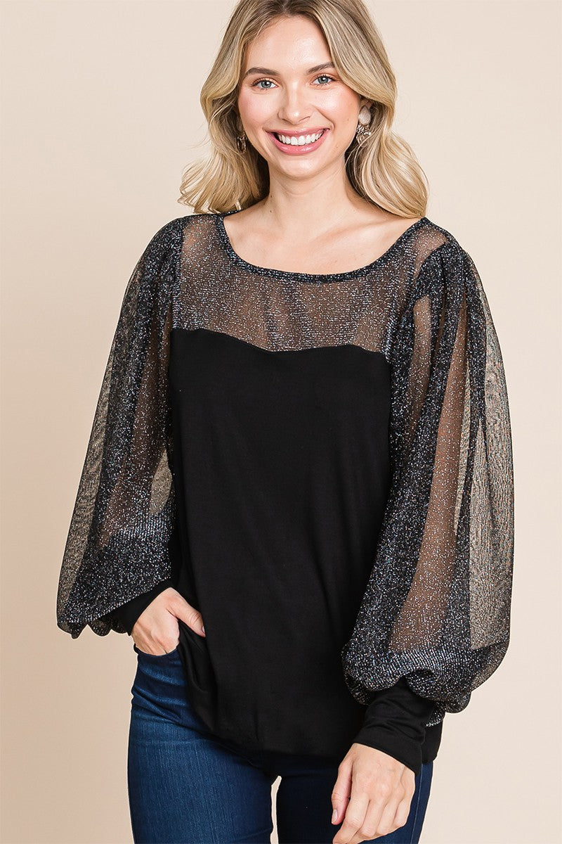 Celestial Shine Metallic Mesh Blouse in Black