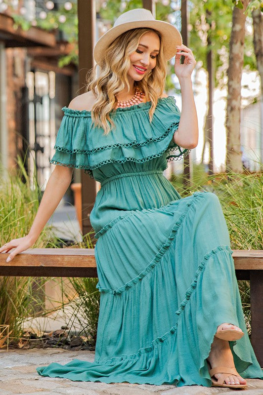Malani Off The Shoulder Ruffle Maxi Dress in Sage & Off-White
