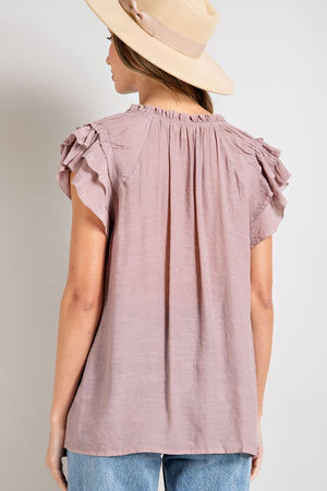 Finley Tiered Ruffle Sleeve Blouse in Bubble Gum, Black & Mauve