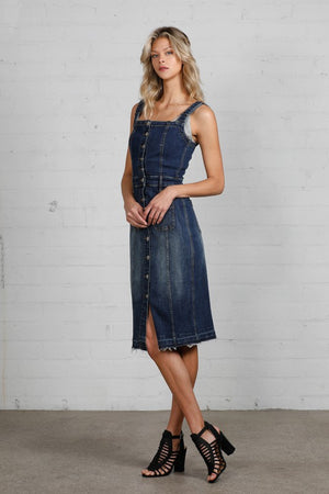 Ezrela Denim Overall Midi Dress in Dark Wash