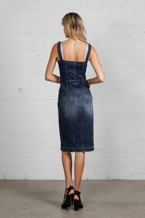 Ezrela Denim Overall Midi Dress in Dark Wash