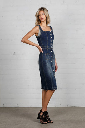 Ezrela Denim Overall Midi Dress in Dark Wash