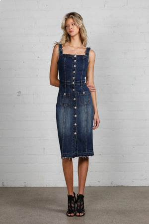 Ezrela Denim Overall Midi Dress in Dark Wash