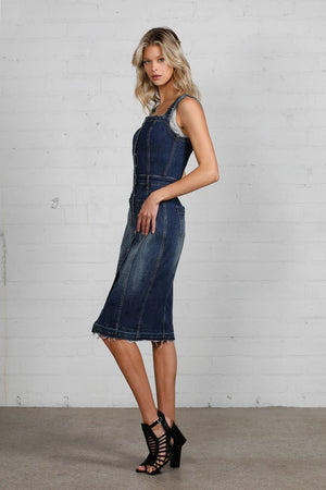 Ezrela Denim Overall Midi Dress in Dark Wash