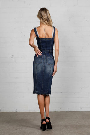 Ezrela Denim Overall Midi Dress in Dark Wash