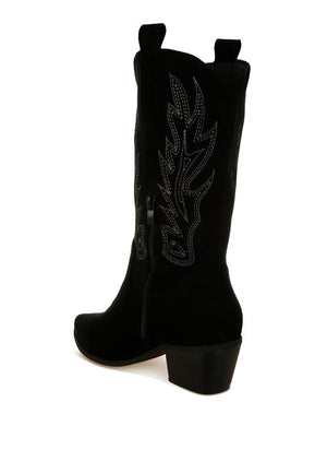 Metallic Detail Embroidery Cowboy Boots in Tan, Black, & Beige