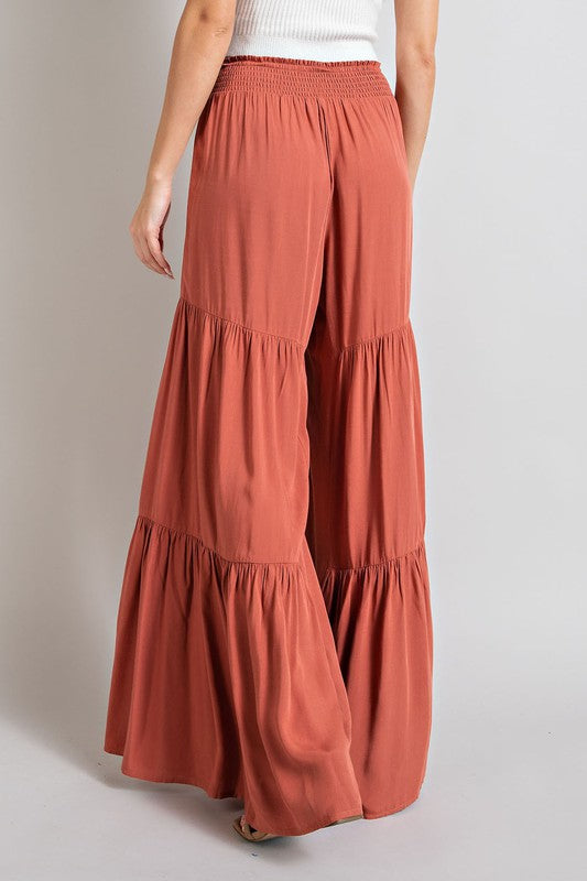 Kaila Tiered Wide Leg Pants in Terracotta, Black, Olive & Mint