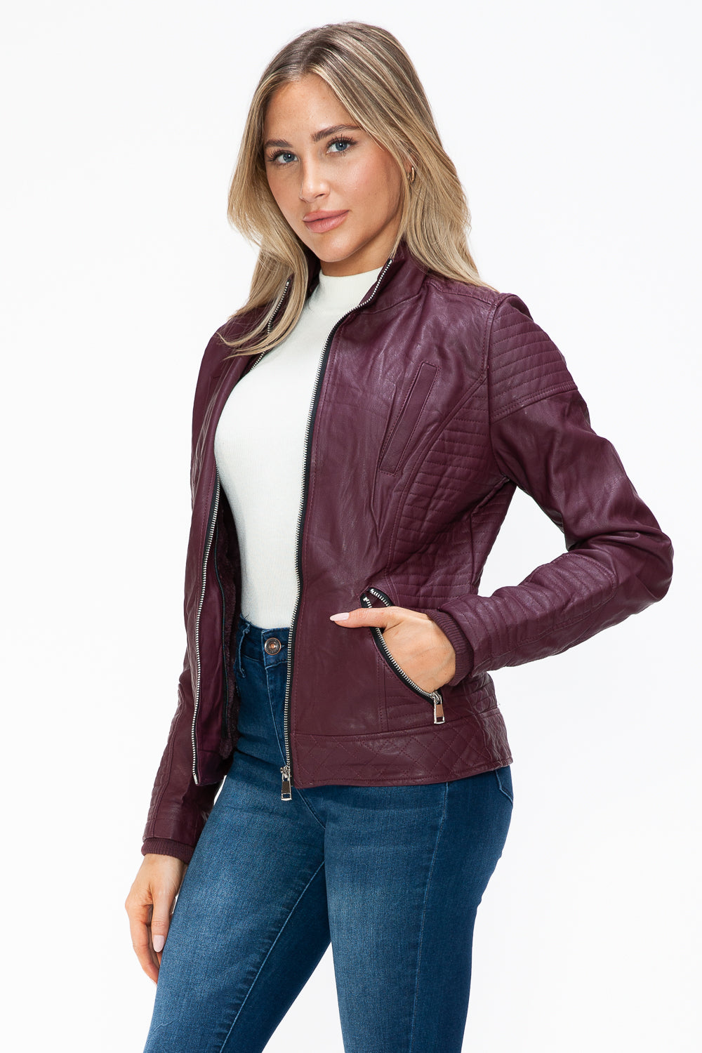 Rebel Chic Faux Leather Moto Jacket with Removable Fuzzy Hood in Wine