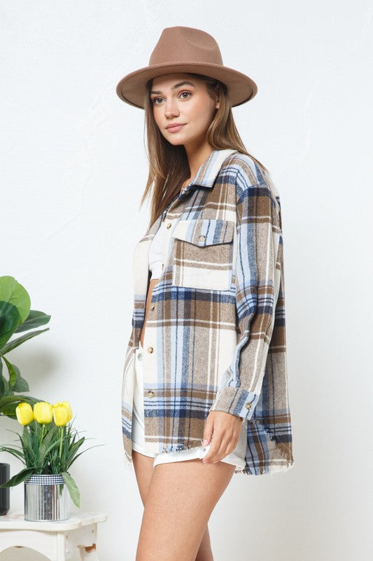 Classic Plaid Shirt Jacket in Tan/Blue Multi