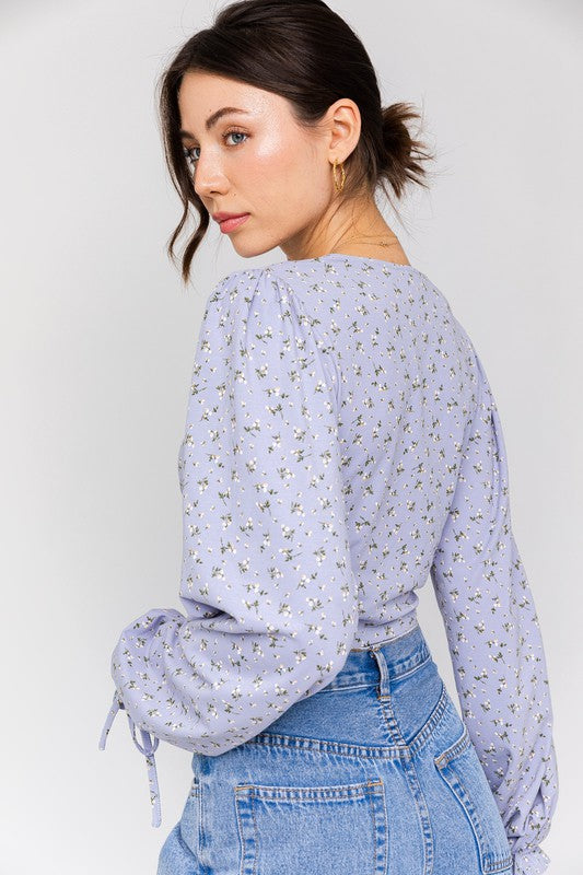 Ditsy Floral Lace-Up Long Sleeve V-Neck Top