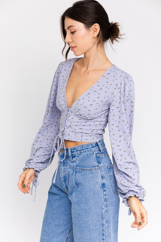 Ditsy Floral Lace-Up Long Sleeve V-Neck Top