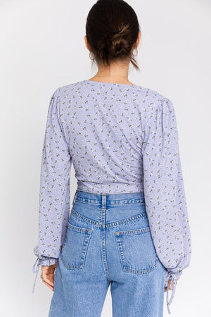 Ditsy Floral Lace-Up Long Sleeve V-Neck Top