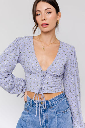 Ditsy Floral Lace-Up Long Sleeve V-Neck Top