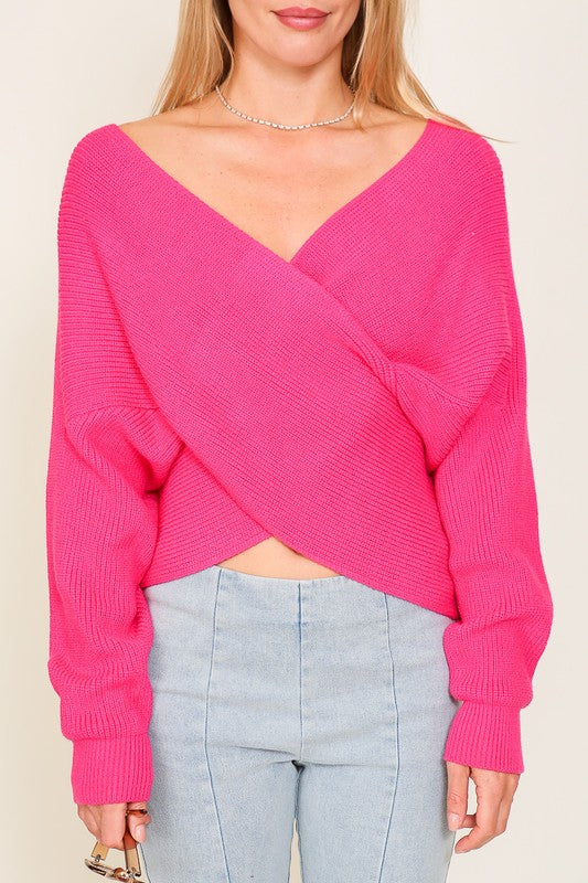 Annalise Cross Front Sweater in Ecru & Fuchsia