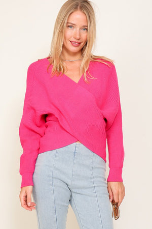 Annalise Cross Front Sweater in Ecru & Fuchsia