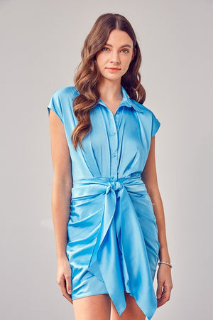 The Brianna Tie Button Up Dress in French Blue
