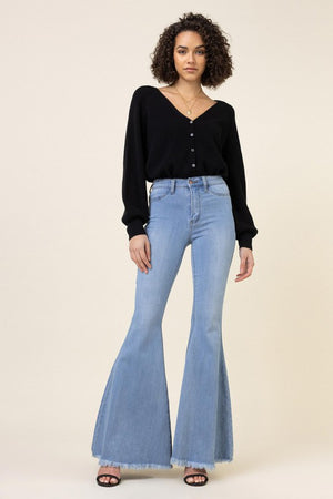 Free Spirit Raw Hem High Rise Flare Jeans in Light Stone Wash