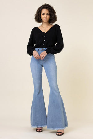 Free Spirit Raw Hem High Rise Flare Jeans in Light Stone Wash