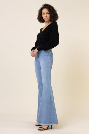 Free Spirit Raw Hem High Rise Flare Jeans in Light Stone Wash