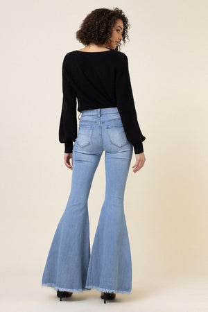 Free Spirit Raw Hem High Rise Flare Jeans in Light Stone Wash