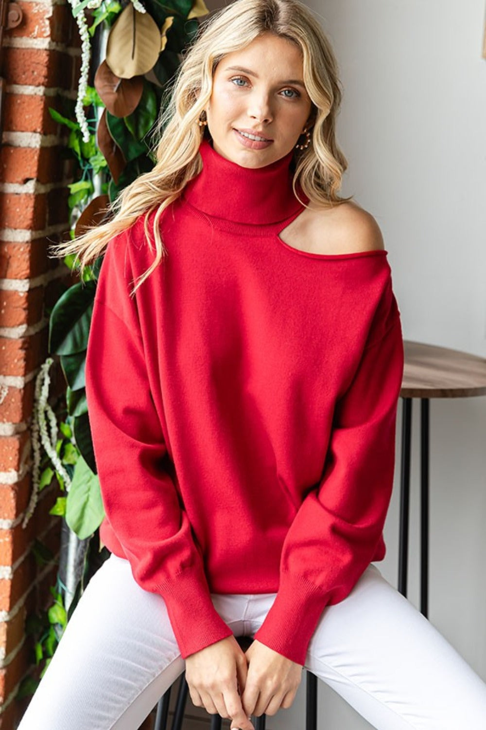 Just a Hint Of Shoulder Turtleneck Sweater in Red