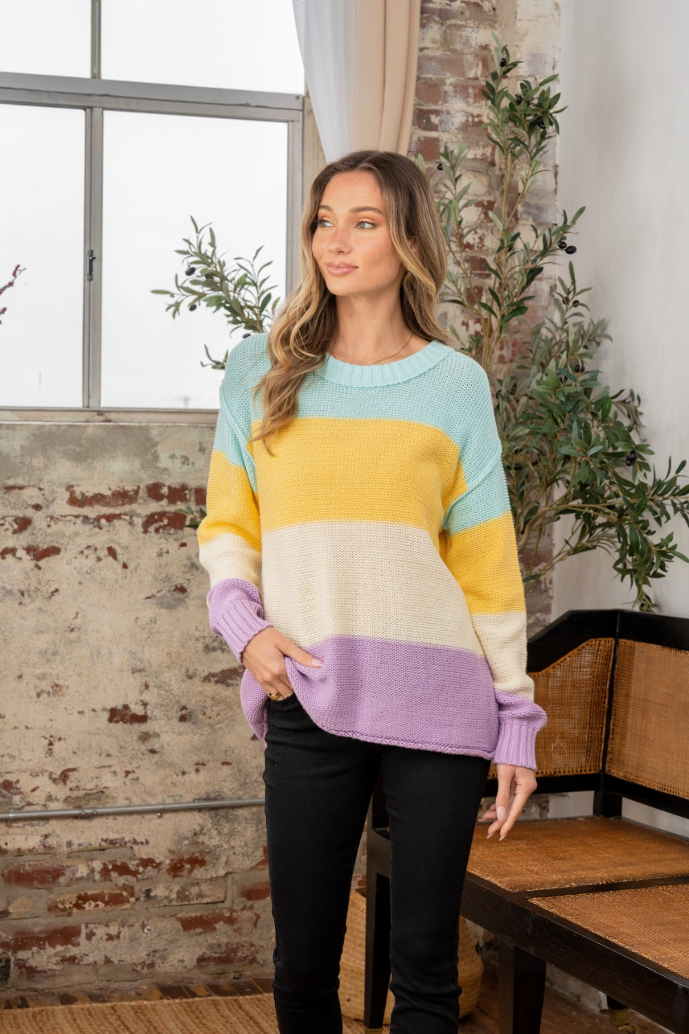 Carmela Color Block Exposed Seam Sweater in Yellow Lilac