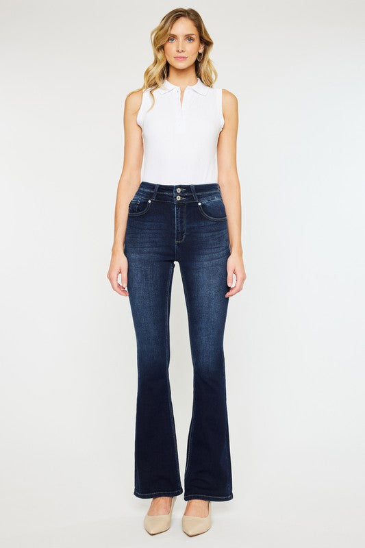 Double Button Skinny Bootcut Jeans in Dark Wash