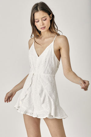 Ruffles & Eyelet Lace Romper in White & Baked Salmon